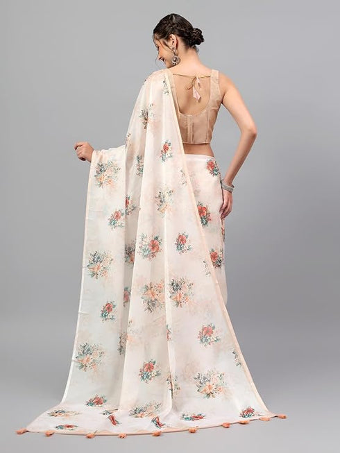Vasthrlay Off White Floral Printed Organza Saree With Unstitched Blouse