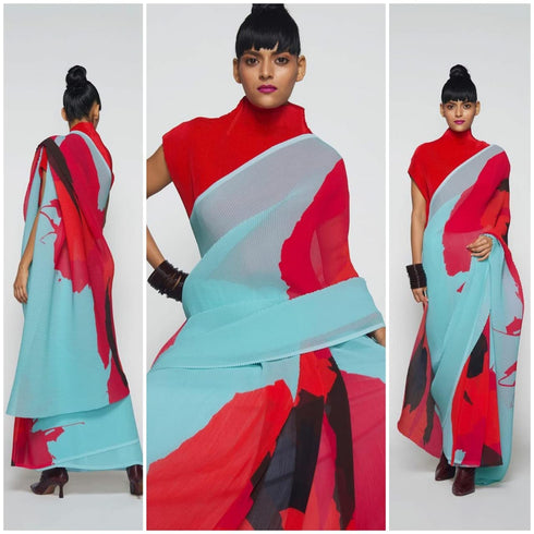 VasthrlayCrushed Georgette Unstitched Blue Red Ethnic Wear