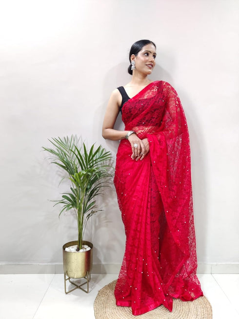 Vasthrlay Red Unstitched Saree