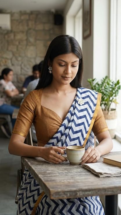 Vasthrlay Blue White Striped | Floral | Solid Print Design Linen Saree With Solid Unstitched Linen Blouse Piece