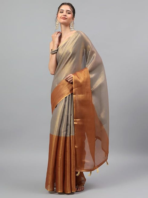 Vasthrlay Brown Floral And Solid Design Polyester Saree With Unstitched Blouse Piece