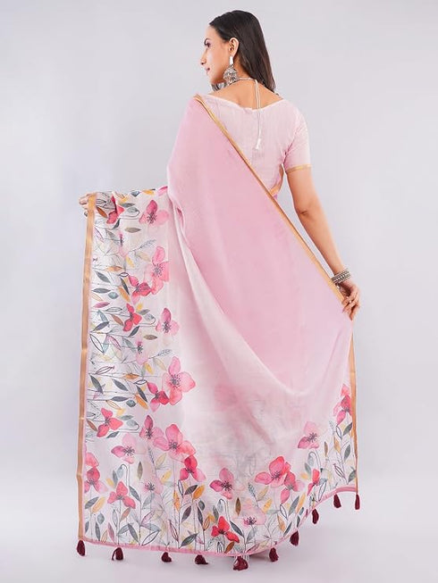 Vasthrlay Pink1 Chevron Printed Linen Saree With Unstitched Blouse