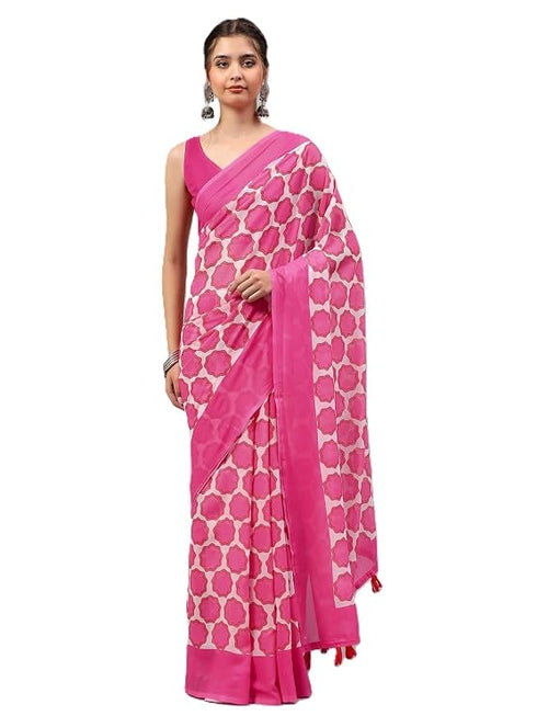 Vasthrlay Pink Floral Printed Georgette Saree With White Solid Georgette Unstitched Blouse