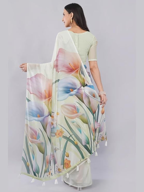 Vasthrlay Off White2 Floral Printed Gerogette Saree With Zari Pallu And Unstitched Blouse Piece