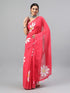 Vasthrlay Tomato Pink Linen Floral Printed Saree With Solid Unstitched Linen Blouse Piece