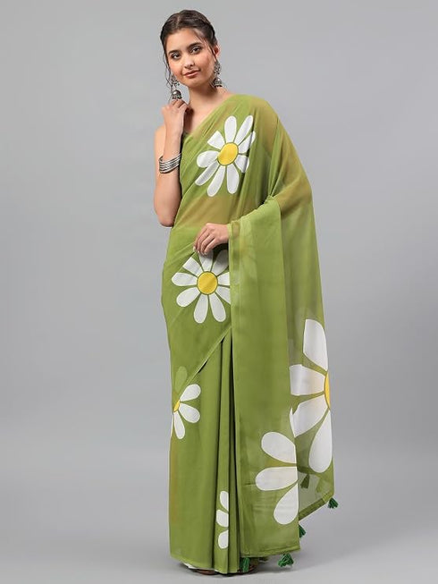 Vasthrlay Green Georgette Floral Printed Saree With Solid Unstitched Georgette Blouse Piece