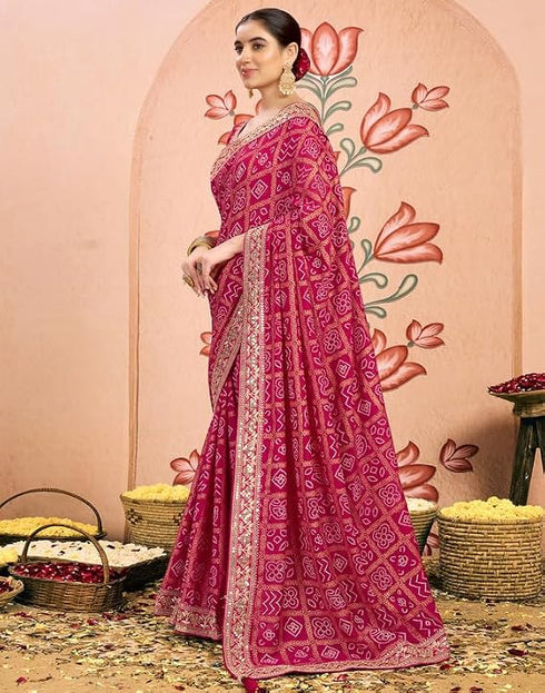 Vasthrlay Georgette Embroidery Pink1 Saree With Unstitched Blouse Piece