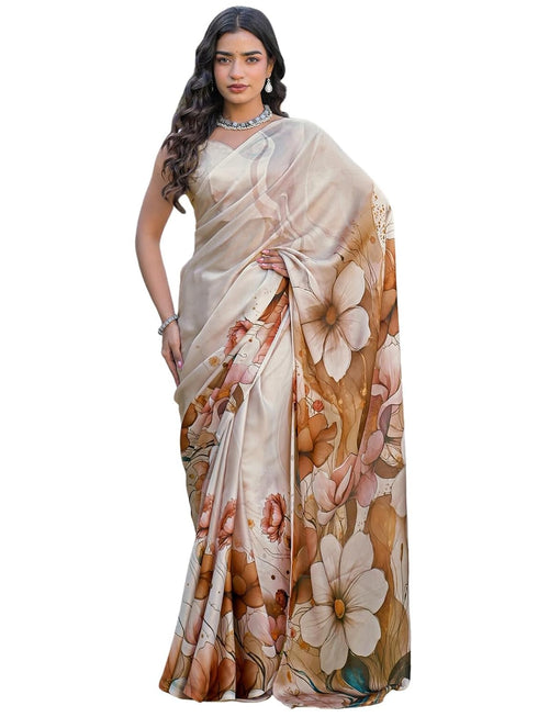 Vasthrlay Womens Printed Unstitched Off White Saree