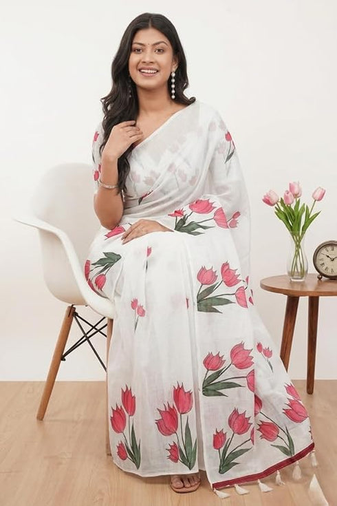 Vasthrlay Off White Striped | Floral | Solid Print Design Linen Saree With Solid Unstitched Linen Blouse Piece