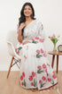Vasthrlay Off White Striped | Floral | Solid Print Design Linen Saree With Solid Unstitched Linen Blouse Piece