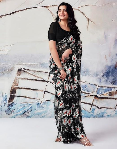 Vasthrlay Georgette Sequence Unstitched Black Saree