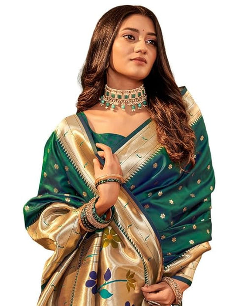 Vasthrlay Paithani Jacquard Unstitched Dark Green Saree