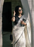 Vasthrlay White and Black Linen Saree with Rose Print | Elegant Minimal Border For Office and Casual Saree
