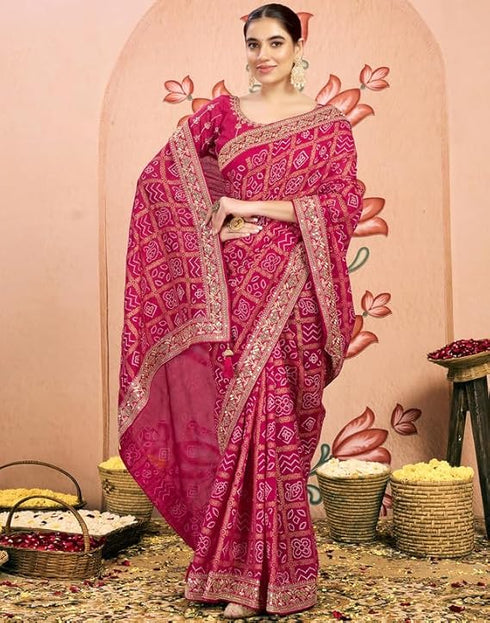 Vasthrlay Georgette Embroidery Unstitched Dark Green Saree