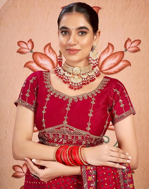 Vasthrlay Bandhani Embroidery Red Saree With Unstitched Blouse Piece