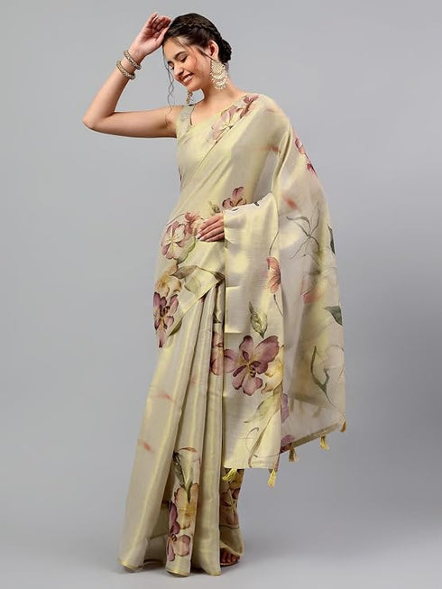 Vasthrlay Beige2 Heavy Zari Woven Silk Ethnic Saree With Unstitched Blouse