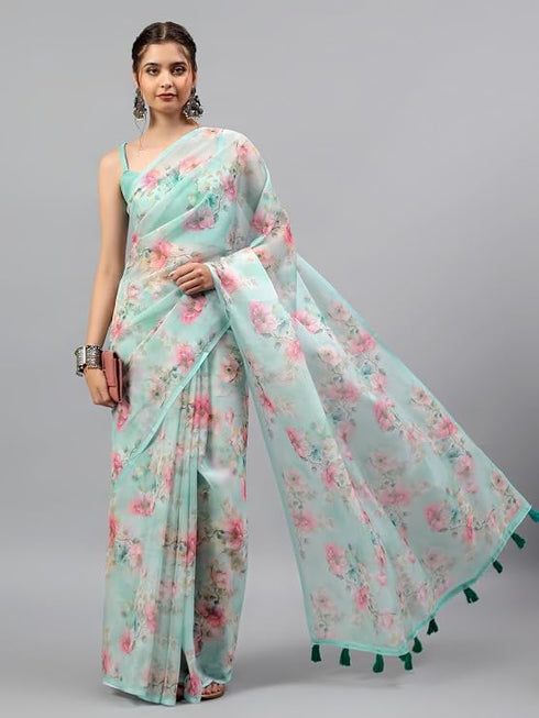Vasthrlay Blue Sheer Spring Floral Printed Art Chiffon Saree With Unstitched Blouse