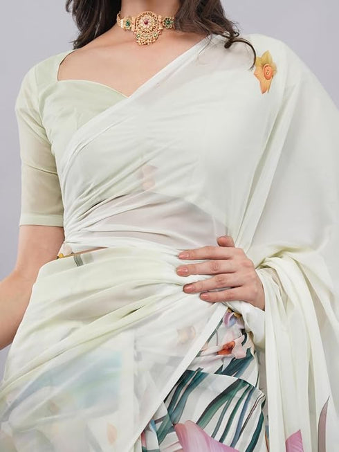 Vasthrlay Off White2 Floral Printed Gerogette Saree With Zari Pallu And Unstitched Blouse Piece