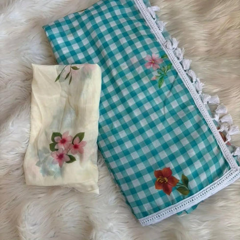 Vasthrlay Checks Floral Tassel Lightweight