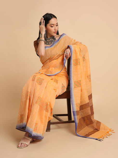 Vasthrlay Handloom Embroidered Apricot Saree