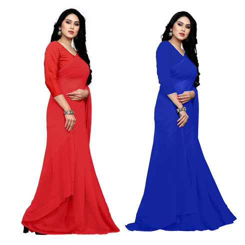Vasthrlay Georgette Unstitched Red Royal Blue Free Ethnic Wear
