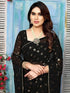 Vasthrlay Georgette Printed Black | White Saree With Unstitched Blouse Piece