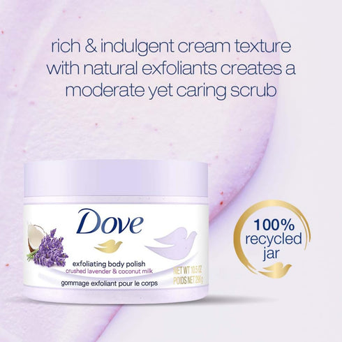 Dove Exfoliating Body Polish Scrub Lavender & Coconut Milk for Dry Skin