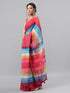 Vasthrlay Multi Red Printed Striped Linen Saree With Solid Linen Unstitched Blouse Piece For Women