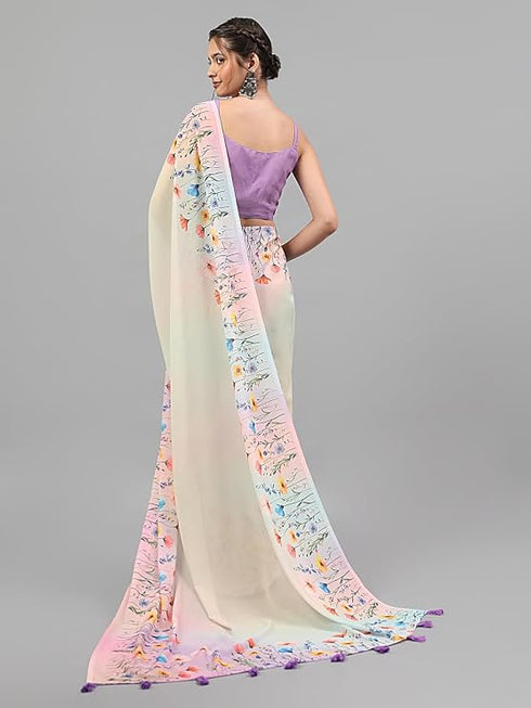 Vasthrlay Off White Floral Printed Georgette Saree With White Solid Georgette Unstitched Blouse