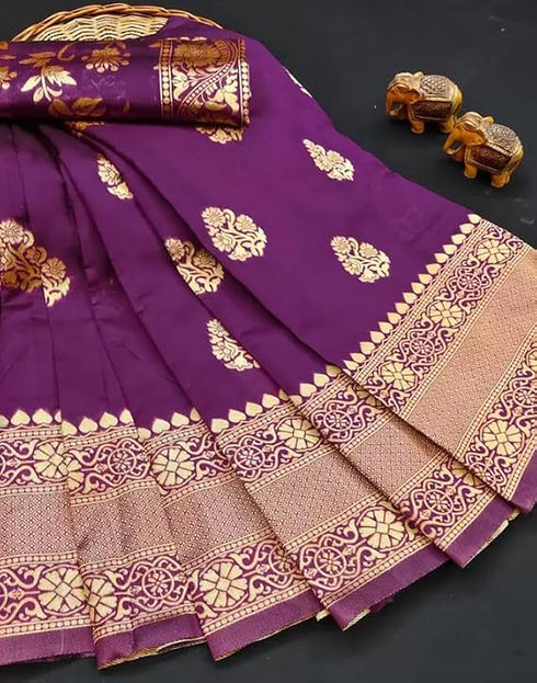Vasthrlay Kanjivaram Banarasi Wedding Wine Saree With Unstitched Blouse Piece