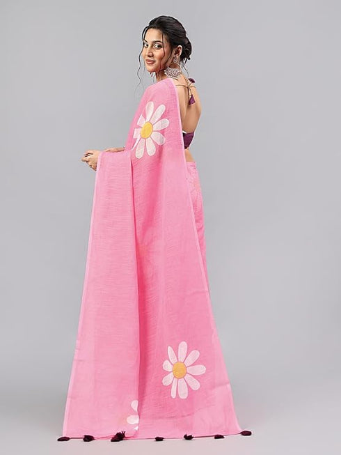 Vasthrlay Baby Pink Linen Floral Printed Saree With Solid Unstitched Linen Blouse Piece