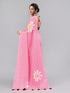 Vasthrlay Baby Pink Linen Floral Printed Saree With Solid Unstitched Linen Blouse Piece