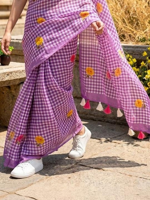 Vasthrlay Checked Pattern Tassels Unstitched