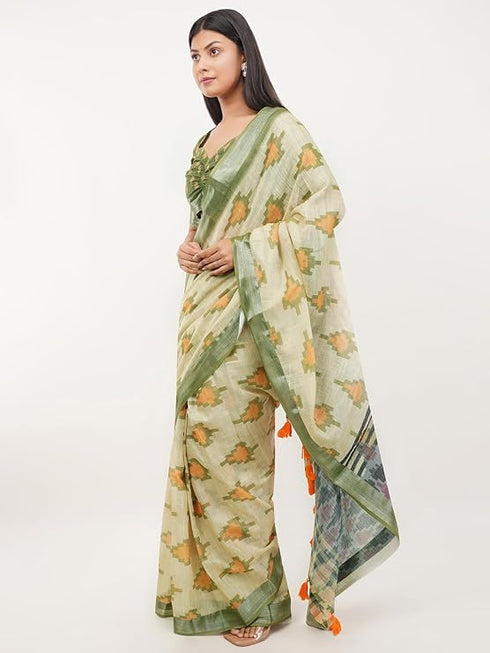 Vasthrlay Womens Green Paisley Printed Linen Saree With Unstitched Blouse Piece