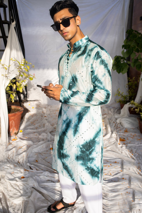 Kzari Rama Green Tie & Dye Batik Kurta with Mirror Checks