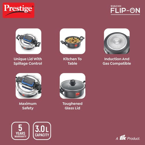 Prestige Svachh Flip-on Hard Anodised Gas And Induction Compatible Pressure Cooker 3 L