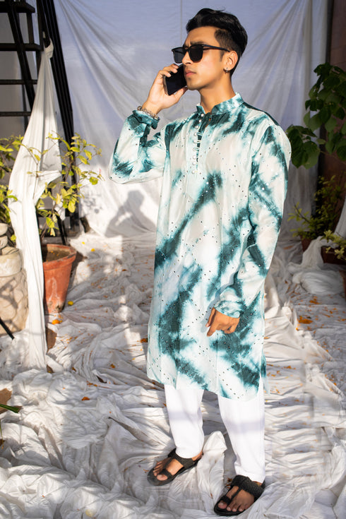 Kzari Rama Green Tie & Dye Batik Kurta with Mirror Checks