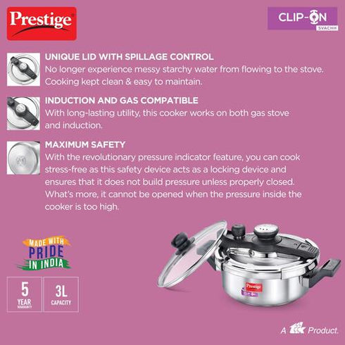 Prestige Clip-on Svachh Stainless Steel Spillage Control Pressure Cooker 3 L