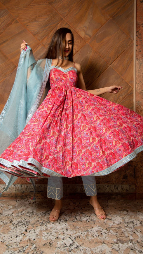 Pomcha Jaipur Adhya Floral Hand Block Pure Cotton Anarkali Set