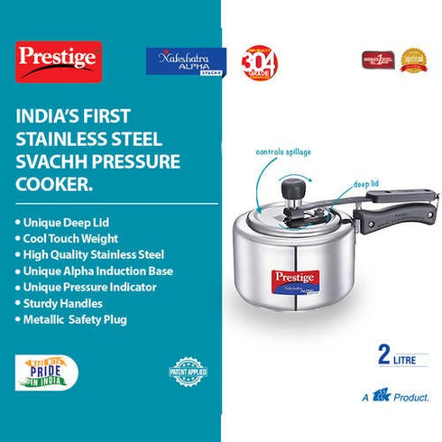 Prestige Nakshatra Alpha Svachh Stainless Steel Spillage Control Pressure Cooker Silver 5 L