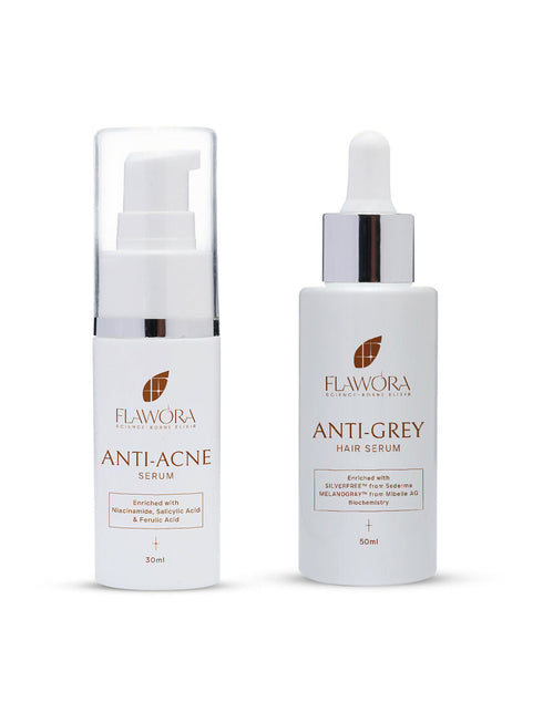 Flawora Anti-Grey Hair Serum For Reversing Grey Hair and Anti Acne Serum to reduce Blackheads and Open Pores