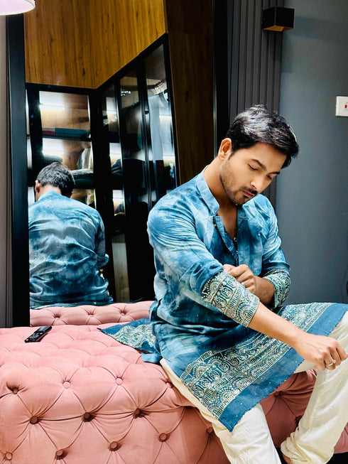 Kzari Men's Blue Tie & Dye Kurta in Exquisite Border Chander Silk