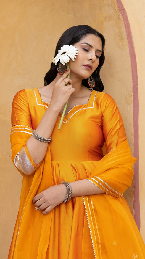 Pomcha Jaipur Amber Orange Taffeta Silk Anarkali Set