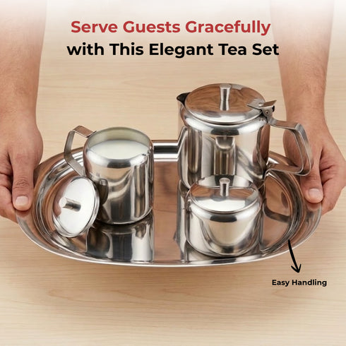 Vinod Stainless Steel 3 Piece Large Tea Set 1000 ml Tea Pot 250 ml Milk Pot 250 ml Sugar Pot Highest Grade Steel Mirror Finish Dishwasher Safe