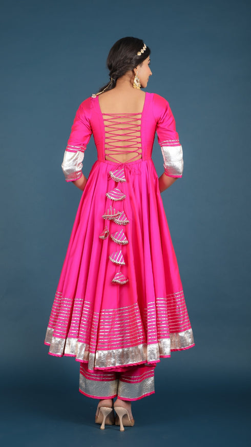Pomcha Jaipur Amber Hot Pink Taffeta Silk Anarkali Set
