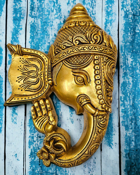 Tamas Brass Lord Ganesha Mask Wall Hanging for Decoration(Golden)