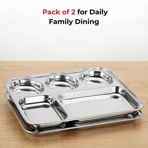 Vinod Stainless Steel 5 Compartment Plate with Round Edges Lunch and Dinner Plate Bhojan Thali High Quality Steel Rust Free Pack of 2