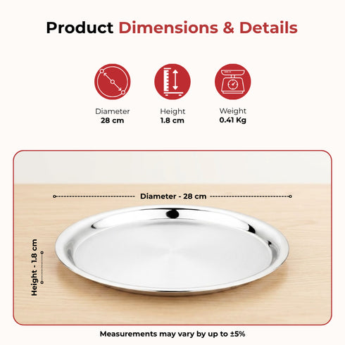 Vinod Stainless Steel Two Tone German Bogi Plate Set of 6 28.5 cm Lunch Plate Dinner Plate High Grade Stainless Steel Mirror Finish