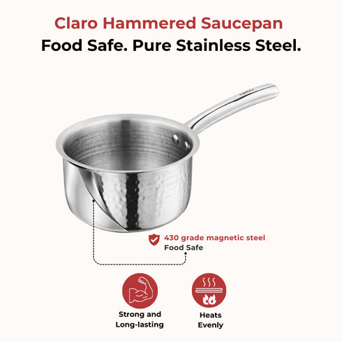 Vinod Claro Heavy Gauge Stainless Steel Hammered Sauce Pan 1.5 mm Capacity 1200 ml