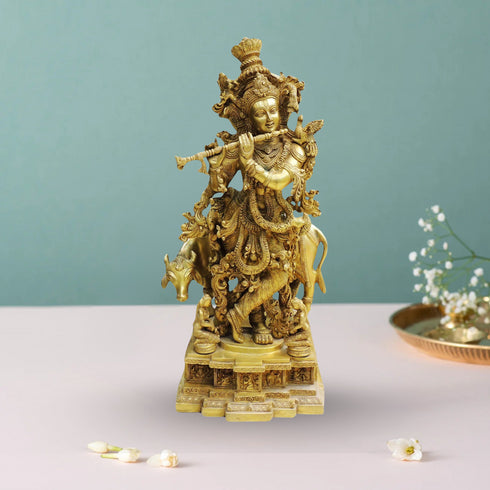Brass Cow With Krishna God Idol Statue 34Kg